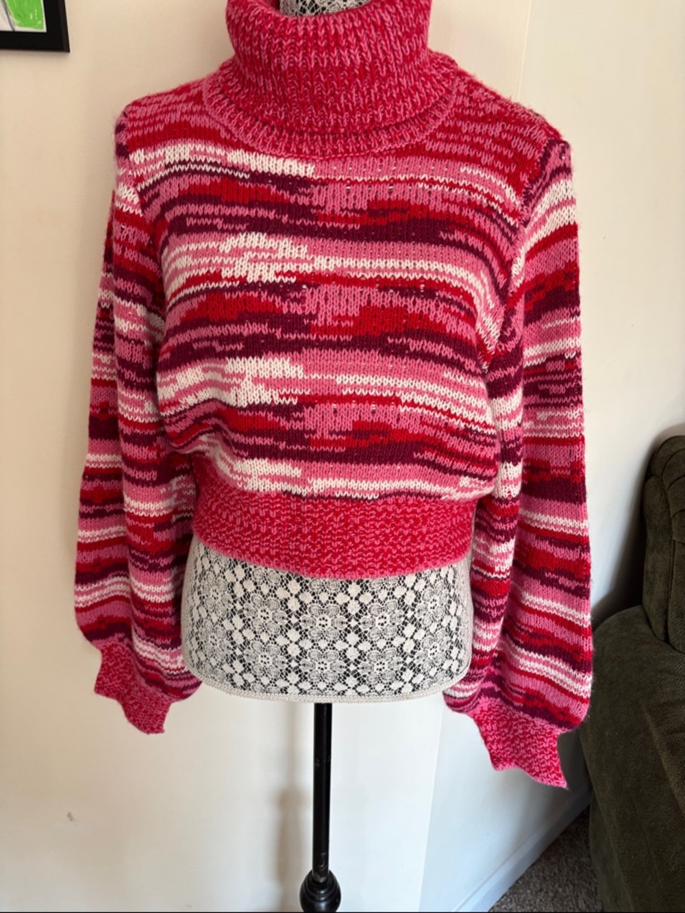 For Love & Lemons Ladies Pink Multi-Stripe Cropped Turtleneck Sweater-1X
